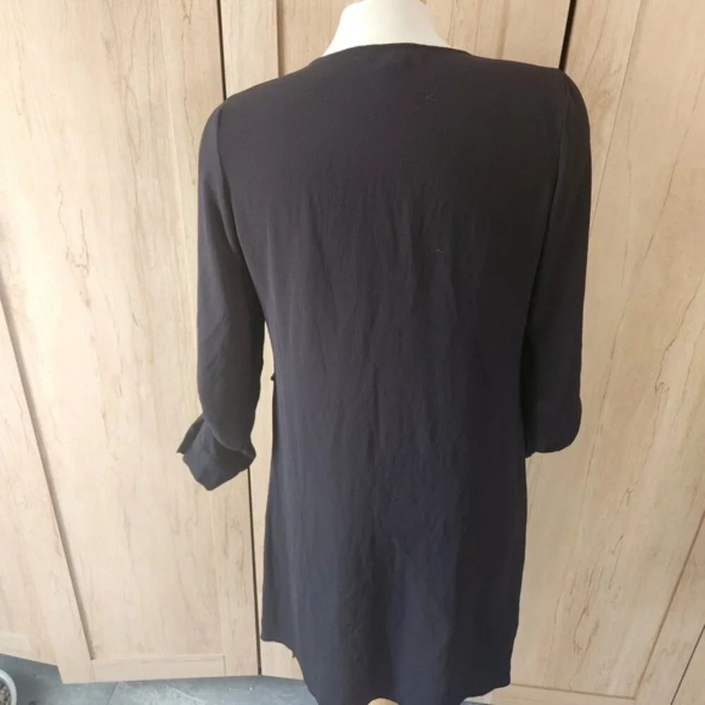 Atmosphere Black Roll Tab Sleeve Shift Dress Split‎ Neck Chest Pockets Size 6